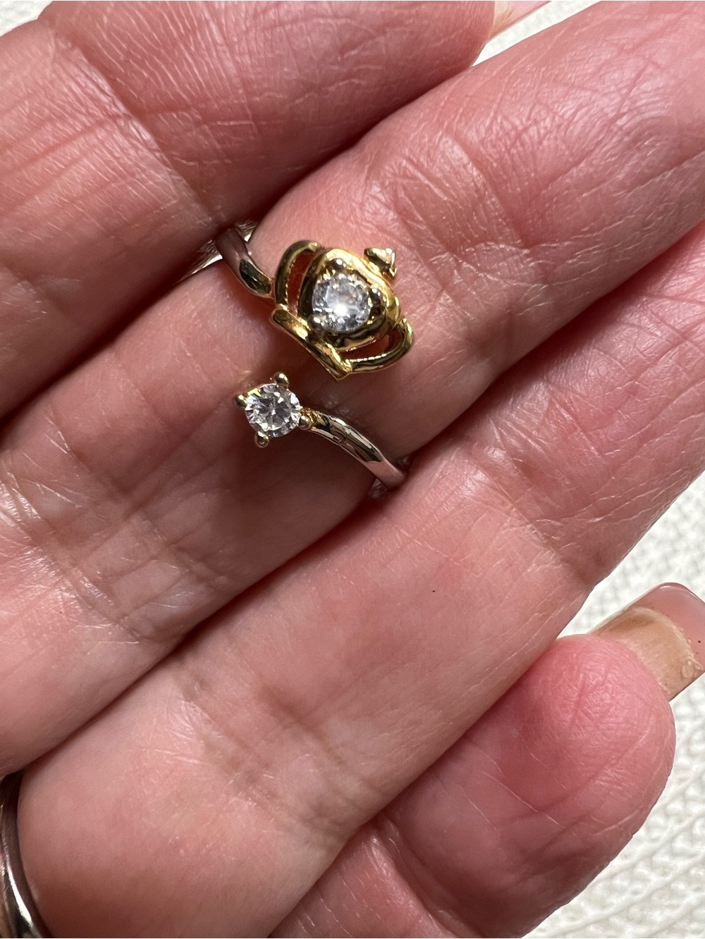 .925 Gold over Sterling Crown Adjustable Ring w CZ Stones - Woman’s Jewelry